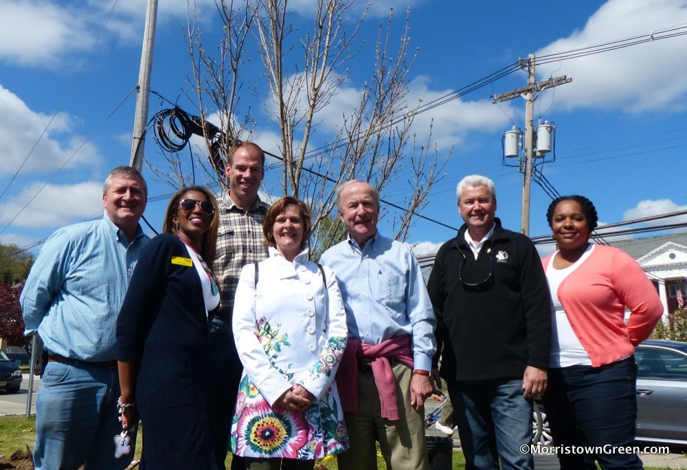 HAPPY ARBOR DAY: From left: Town Arborist Rich Wolowicz, Deb Regan of the Shade Tree Commission, Council President Stefan Armington, Shade Tree Chairwoman Kristin Ace, Rep. Rodney Frelinghuysen, Mayor Tim Dougherty, Councilwoman Hiliari Davis, at Morristown tree planting. Photo by Kevin Coughlin