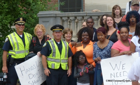 Chief Pete Demnitz, far left, and Lt. Matt Rawding at Black Lives Matter march in Morristown, July 9, 2016. Photo by Kevin Coughlin
