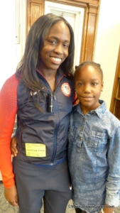 Olympian Christina Epps and her niece, 5th grader Joy Hylton, at the Alexander Hamilton School. Photo by Kevin Coughlin, Oct. 14, 2016