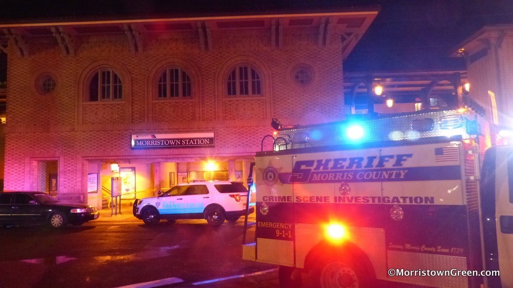 p1400080 Emergency vehicles at Morristown train station, where a woman was struck and killed by a westbound train. Photo by Kevin Coughlin