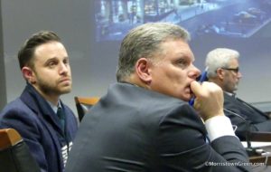 Morristown Planner Phil Abramson, left, and town Redevelopment Attorney John Inglesino at train station apartment hearing, Dec. 13, 2018. Photo by Kevin Coughlin